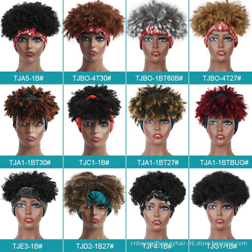 Afro Kinky Curly Hair Banged Headband Wig Short Kinky Curly Headband Wig Afro Puff Head-Wrap Wigs